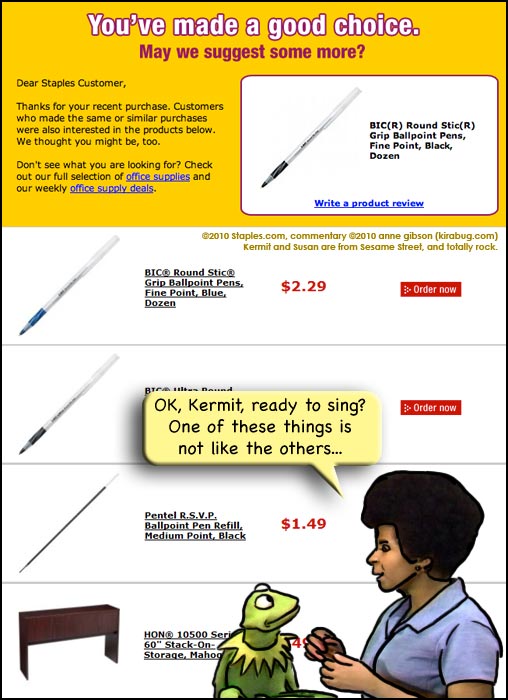 Susan and Kermit sing about the difference between pens and desks.