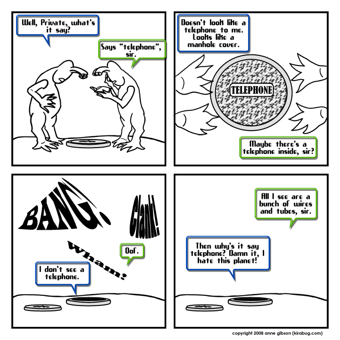 two confused aliens discover a manhole cover.
